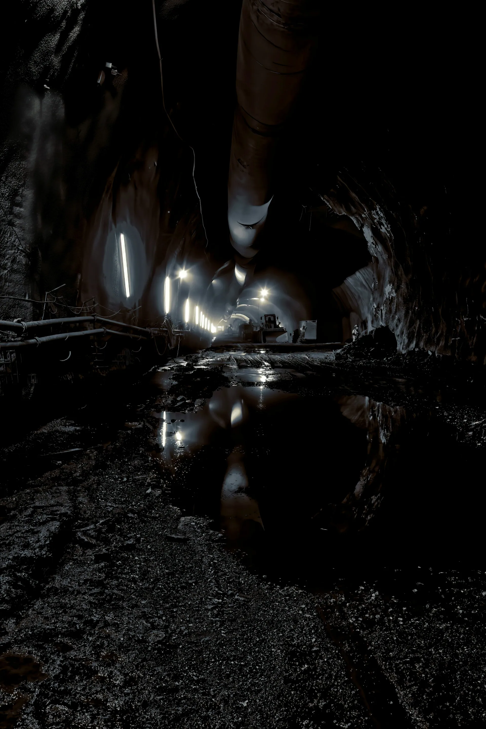 Underground mine tunnel with lighting